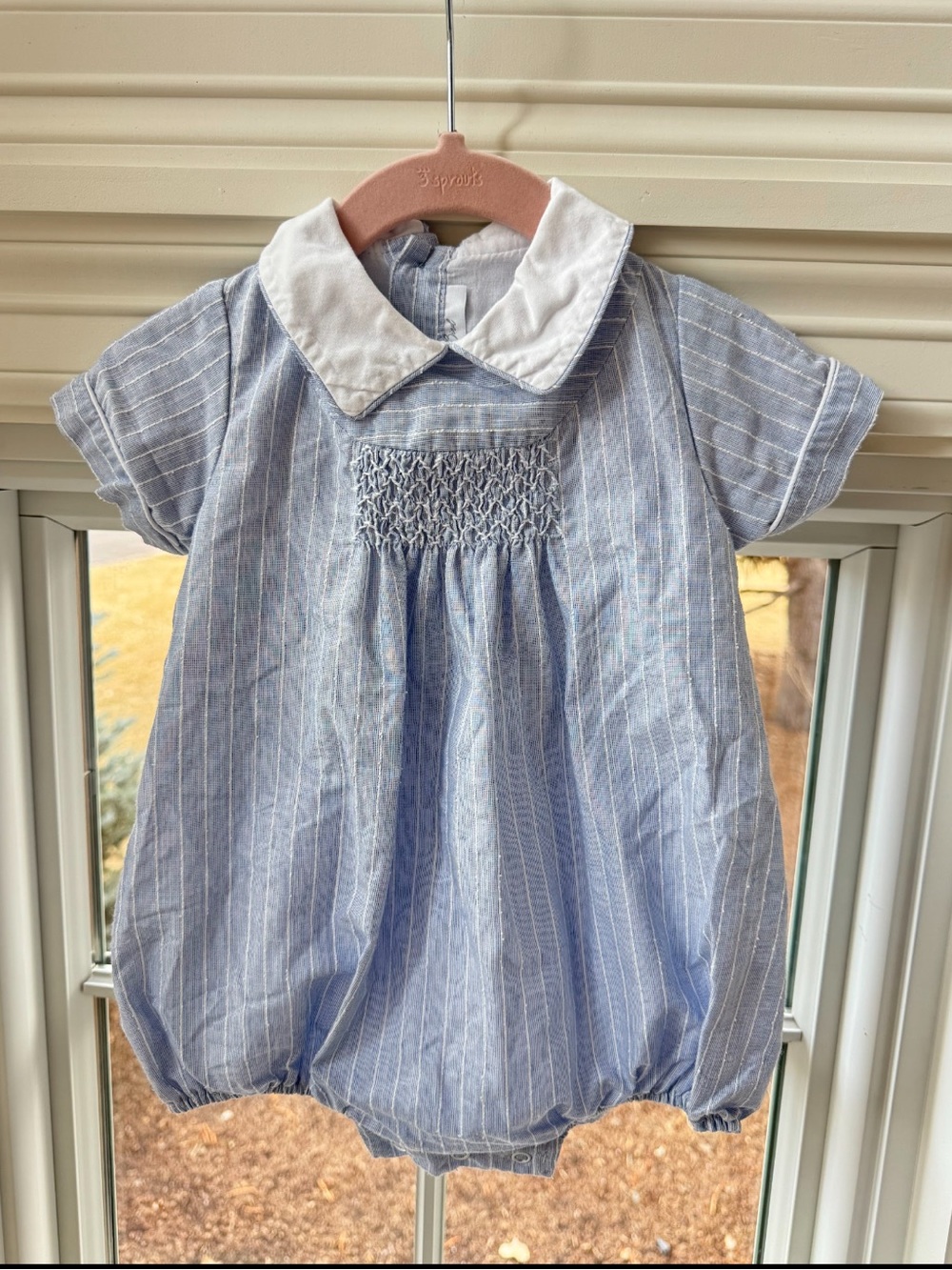 Bell Bird Classic Blue Stripe Baby Bubble Romper with White Collar